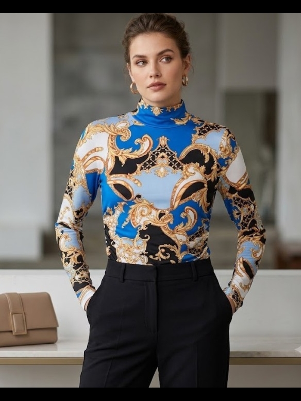 Boston Proper Blue and Gold Baroque-Print Turtleneck